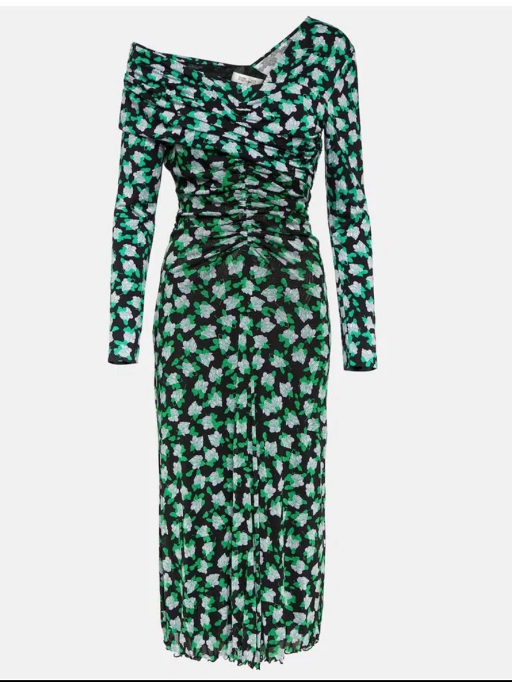 Diane Von Furstenberg Black Floral Asymmetrical Ruched Midi Dress (Orig $420)